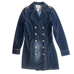 Jou Jou Premium Denim Womens S Dark Wash Double Breasted Trench Coat Jean Jacket